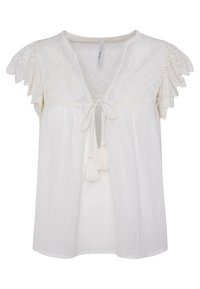 Witte top met geborduurde kantmouwen, een sleutelgatopening en franjes. Gemaakt van lichtgewicht stof met een losse pasvorm.