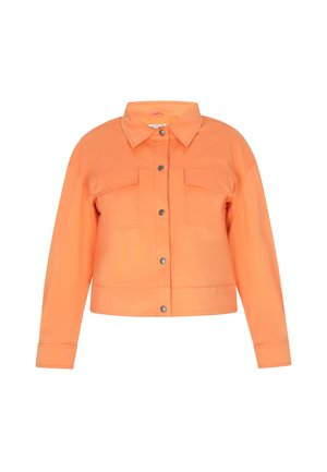 Zkrácená oranžová džínová bunda s límečkem, dvěma předními kapsami a stříbrnými patentkami. Hladká textura, stylová konstrukce.