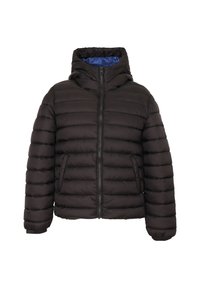 Giubbotto imbottito nero con cappuccio, caratterizzato da una texture a cuciture orizzontali, zip frontale e rivestimento blu. Include tasche laterali e polsini elasticizzati.