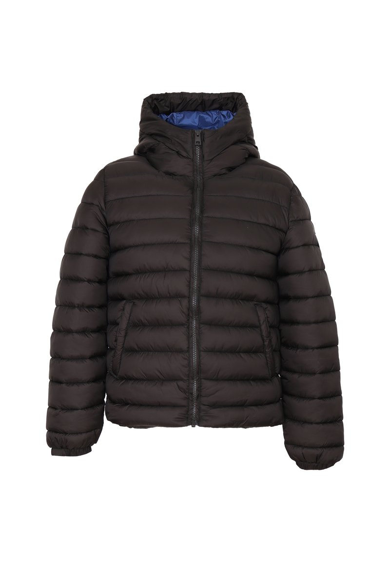Giubbotto imbottito nero con cappuccio, caratterizzato da una texture a cuciture orizzontali, zip frontale e rivestimento blu. Include tasche laterali e polsini elasticizzati.