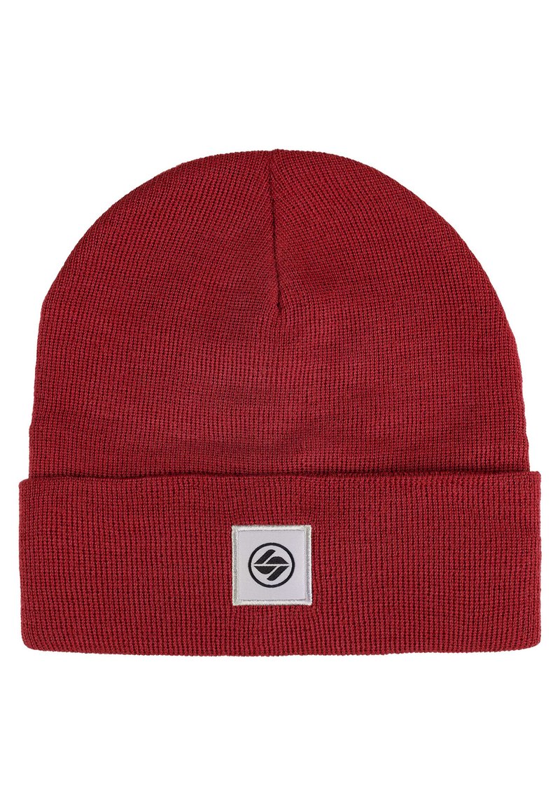 Rote Strickmütze mit umgeschlagenem Bündchen, featuring ein quadratisches Patch mit schwarzem Logo. Die Textur ist gerippt und aus einem weichen Stoff gefertigt.