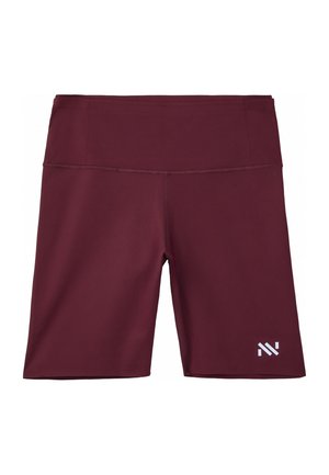 Pantalones cortos deportivos de tiro alto en color granate con un pequeño logo blanco en la parte inferior de la pierna izquierda y costuras planas como detalle.