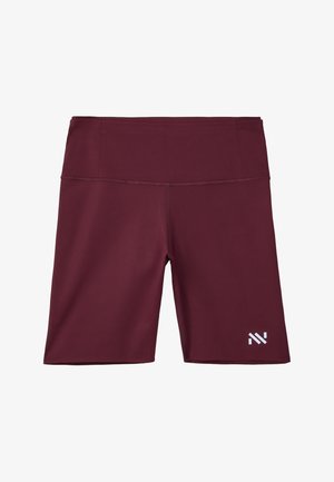 Pantalones cortos deportivos de tiro alto en color granate con un pequeño logo blanco en la parte inferior de la pierna izquierda y costuras planas como detalle.