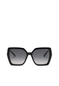 Lunettes de soleil noires oversize carrées avec verres foncés dégradés et logo discret de la marque sur le verre supérieur droit.