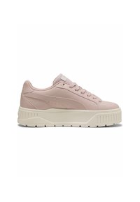 Rosa lädersneakers med plattform och en texturerad design, som har en lätt krämfärgad sula och subtila perforeringar för andningsförmåga.