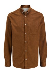Brun manchesterskjorta med knappkrage, långa ärmar, vita knappar och en bröstficka. Texturerat tyg med vertikala ribbor.