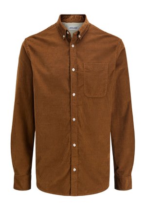 Rjava srajca iz korduroja z ovratnikom z gumbki, dolgimi rokavi, belimi gumbi in žepom na prsih. Tkanina z navpičnim rebrastim vzorcem.