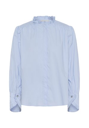 Helehall sinine pikkade varrukatega pluus kõrge volangidega kraega ja volangiliste mansettidega, mis on kinnitatud väikeste nuppudega.