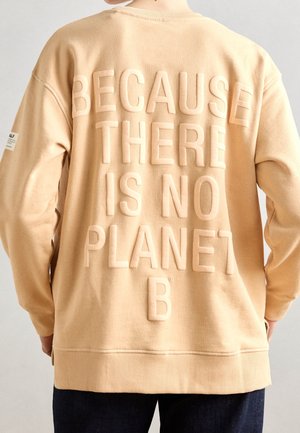 Personne portant un sweat-shirt beige avec des lettres en relief au dos indiquant "BECAUSE THERE IS NO PLANET B."