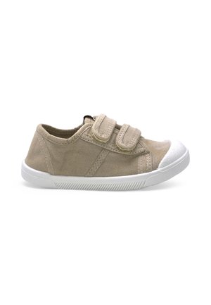 Chaussure enfant en toile beige avec embout en caoutchouc blanc, semelle blanche et deux brides Velcro réglables sur fond blanc.