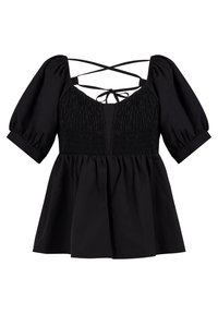 Black blouse with a smocked bodice, V-neck, puffed sleeves, and a cross-back design. Features a gathered, flared hemline.