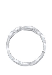 Sølv kæde-lænke ring med en glat, poleret overflade og rundede, sammenkoblede led, der skaber en forlænget cirkulær form.