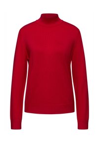 Roter Rollkragenpullover aus Strickstoff. Mit langen Ärmeln und einem gerippten Saum. Einfaches Design ohne Muster oder Verzierungen.