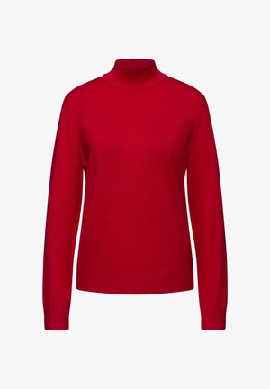 Rode coltrui gemaakt van gebreide stof. Heeft lange mouwen en een ribbelzoom. Eenvoudig design zonder patronen of versieringen.
