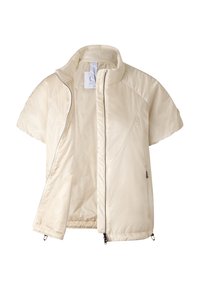 Krémově zbarvená lehká bunda s krátkými rukávy, vysokým límcem a předním zipem, částečně rozepnutá na bílém pozadí.