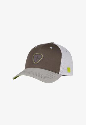 Casquette de baseball marron et beige avec des panneaux arrière en maille blanche et un logo triangulaire avec un signe plus à l'avant.
