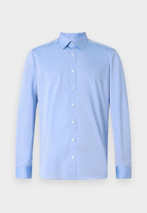 Light blue, long-sleeve button-up shirt with a collar. Made of smooth fabric, featuring white buttons and contrasting cuffs. Simple design.