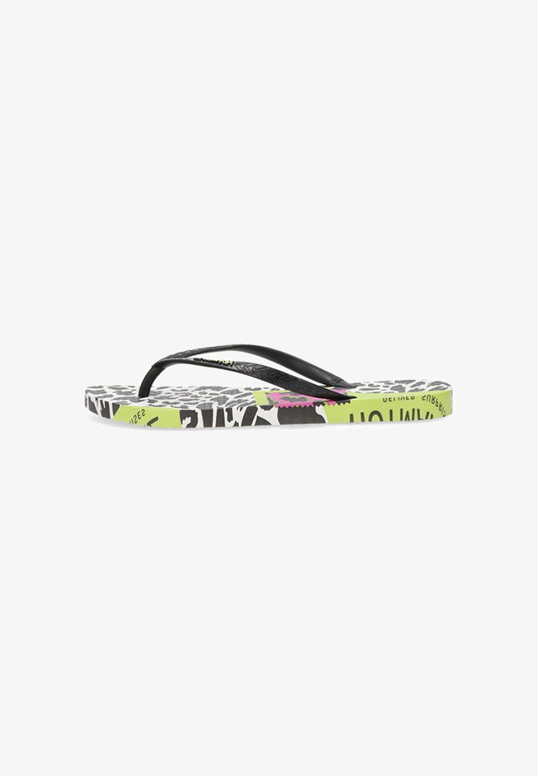 Chanclas coloridas con una correa de goma negra texturizada. La suela presenta un patrón gráfico en negro, blanco y verde neón con acentos en rosa.