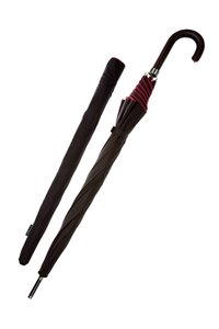 Czarny składany parasol z czerwonymi akcentami, zakrzywioną rączką i kompaktowym designem. W komplecie z dopasowaną osłoną do przechowywania.