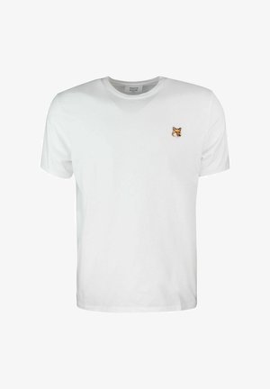 T-shirt bianco in cotone con scollatura a girocollo, presenta una testa di volpe ricamata in arancione e marrone sul lato sinistro del petto. Maniche corte.