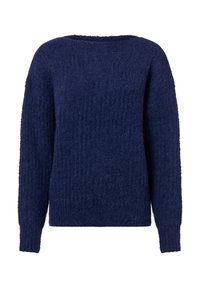 Dunkelblauer Strickpullover mit einer strukturierten, flauschigen Oberfläche. Verfügt über einen weiten Ausschnitt und lange Ärmel. Einfaches Design, ohne Muster oder Akzente.