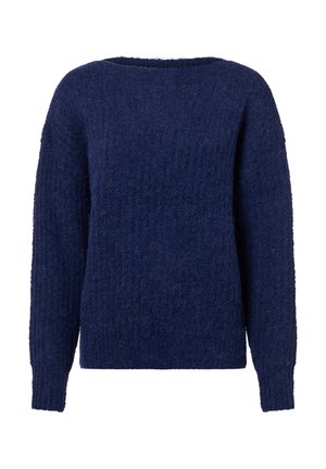 Pull en maille bleu marine avec une finition en texture duveteuse. Il dispose d'un large col et de manches longues. Design simple, sans motifs ni accents.