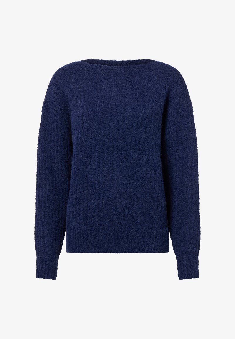 Dunkelblauer Strickpullover mit einer strukturierten, flauschigen Oberfläche. Verfügt über einen weiten Ausschnitt und lange Ärmel. Einfaches Design, ohne Muster oder Akzente.