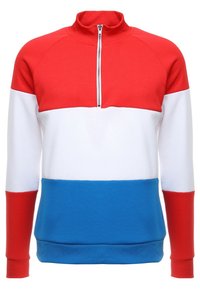 Pullover color-blocked rosso, bianco e blu con mezza zip e colletto alto, caratterizzato da maniche lunghe e polsini e orlo a coste.