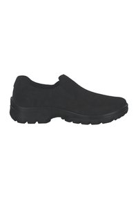 Schwarze Slipper mit glattem Wildleder-Obermaterial, elastischen Seitenpaneelen und einer strukturierten Gummisohle für besseren Halt. Minimalistisches Design, keine sichtbaren Metallteile.
