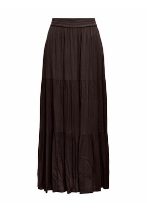 Longue jupe noire à étages avec taille élastique et tissu froncé pour une silhouette fluide.