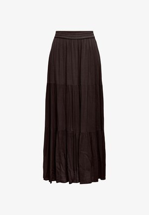 Longue jupe noire à étages avec taille élastique et tissu froncé pour une silhouette fluide.