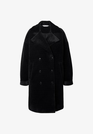 Black double-breasted coat with a wide collar, made of textured fabric. Features two side pockets and button closures.