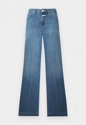 Blue denim jeans with a high waist, button closure, front and back pockets, and a slight flare at the bottom.