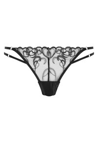 Schwarzer Spitzen-Bikini-String mit herzförmiger Stickerei. Verfügt über dünne Träger und eine durchgehend schwarze Stoffrückseite. Durchscheinende Textur überall.