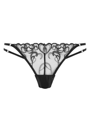 Schwarzer Spitzen-Bikini-String mit herzförmiger Stickerei. Verfügt über dünne Träger und eine durchgehend schwarze Stoffrückseite. Durchscheinende Textur überall.
