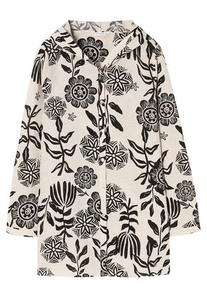 Huppari luonnonmateriaalista, jossa on musta kukkakuosi. Napitettu etuosa, pitkät hihat ja rento istuvuus.