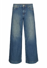 Blauwe denim jeans met wijde pijpen en vervaagde plekken, met een sluiting van knopen en rits aan de voorkant, en een standaard vijf-pocket ontwerp.