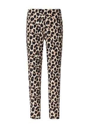 Leopard print leggings featuring a tan base with black spots, a stretchy fabric, fitted design, and a wide waistband for comfort.