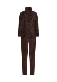 Løveprint fleece top med stående krave, parret med ensfarvede brune fleecebukser. Blød tekstur, afslappet pasform og lange ærmer.