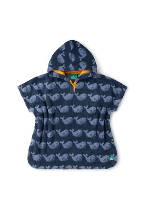 Navy blue hooded kids' poncho with light blue whale patterns, snap buttons on sides, and orange inner lining at the collar.
