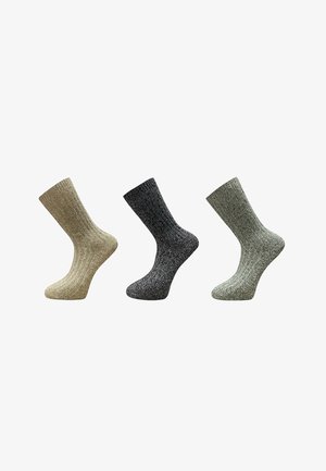 Drei Paar gerippte Socken in Beige, Dunkelgrau und Hellgrün, mit weicher Textur und knöchellangem Schnitt.