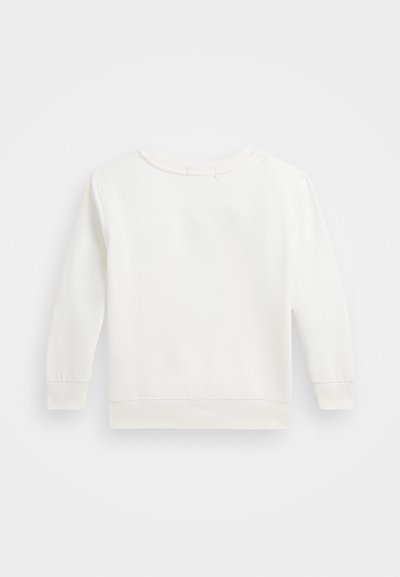 Biely dlhý rukáv mikina s okrúhlym výstrihom, s rebrovanými manžetami a spodným lemom, hladká textúra a minimalistický dizajn.