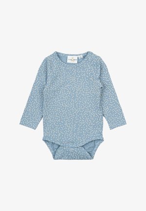 Blue long-sleeve bodysuit made of soft fabric, featuring a scattered white pattern, snap closures at the bottom, and a round neckline.