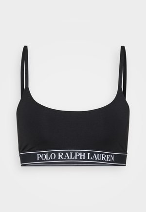 Juodas ribotas bralette'as su reguliuojamomis petnešomis ir baltu logotipo diržu, pažymėtu "POLO RALPH LAUREN" apatinėje krašto dalyje.