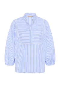 Bluză cu dungi în albastru deschis și alb, cu guler înalt, fenta cu nasturi și mâneci balon adunate, cu croială lejeră.