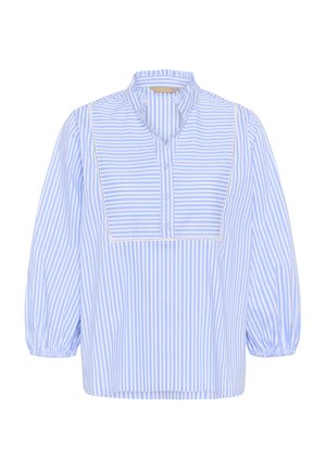 Horisontaalse triibuga pluus helel sinine ja valge, millel on kõrge krae, nööpidega esiosa ja kogutud balloon-varrukad lõdva istuvusega.