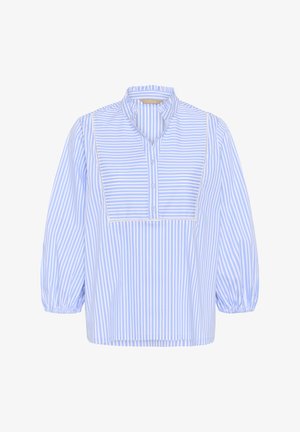 Pruhovaná blúzka svetlomodrej a bielej farby, s vysokým golierom, gombíkovou légou a naberanými balónovými rukávmi s voľným strihom.