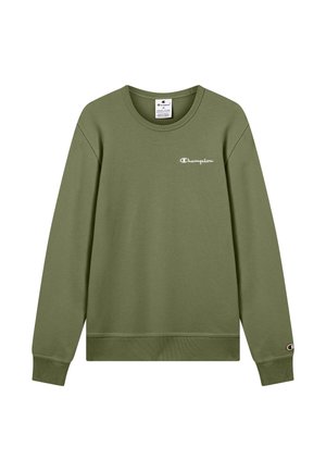 Olive green sweatshirt made of cotton blend, featuring ribbed cuffs and hem, round neck, and small embroidered logo on the chest.