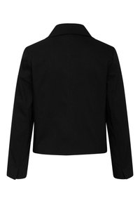 Czarna krótka marynarka z długimi rękawami i szerokim klapą, pokazana od tyłu na białym tle.