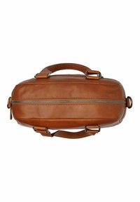 Borsa da viaggio in pelle marrone con forma arrotondata, doppio manico superiore e chiusura con zip. Presenta dettagli di cucitura e accenti in metallo.